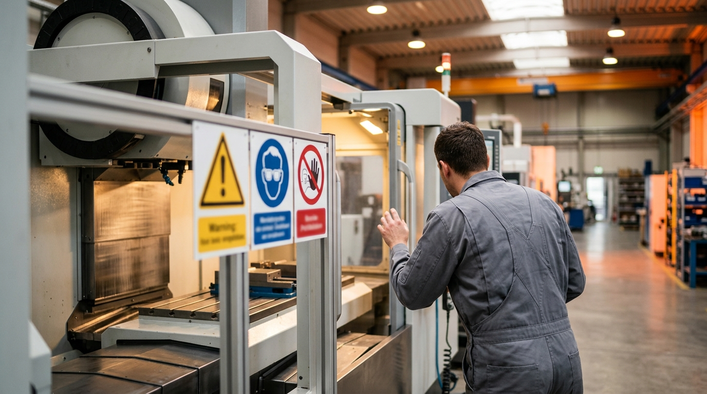 Sicherheitskennzeichnung an einer Industriemaschine – Warnzeichen, Gebotszeichen und ANSI-Schilder normkonform angebracht