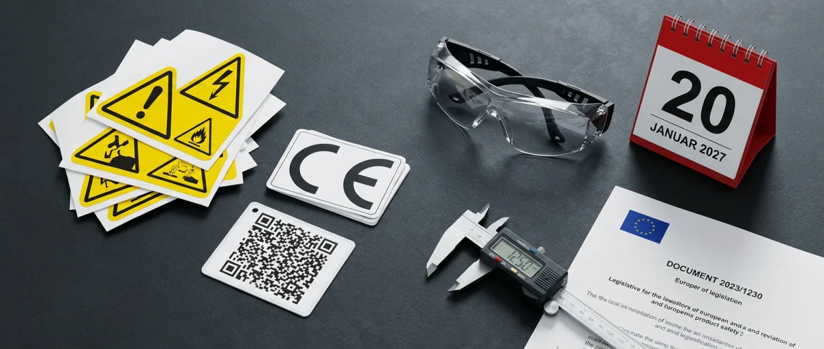 Sicherheitskennzeichnung an einer Industriemaschine mit Warnzeichen und CE-Kennzeichnung nach EU-Maschinenverordnung 2027