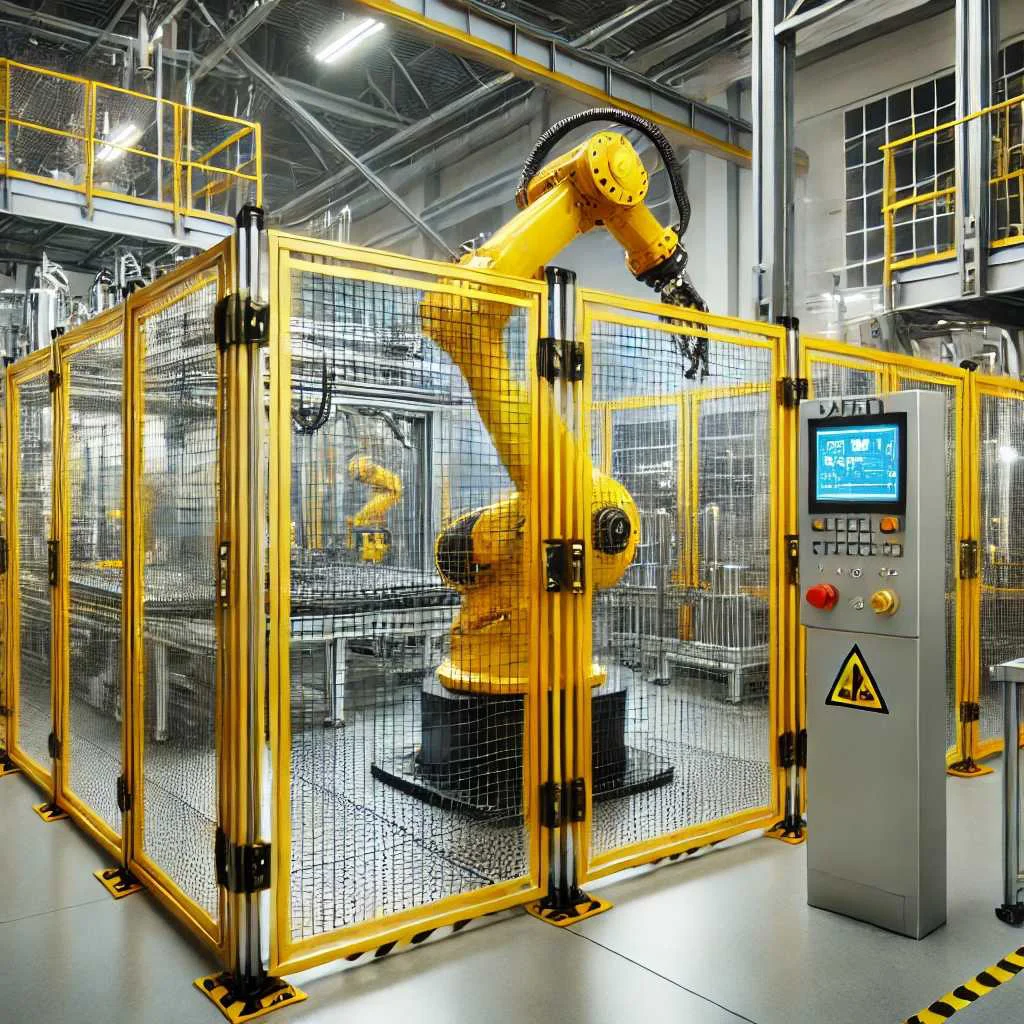 Konstrukteur prüft Sicherheitsaufkleber an einer Industriemaschine im Rahmen der Risikobeurteilung nach DIN EN ISO 12100