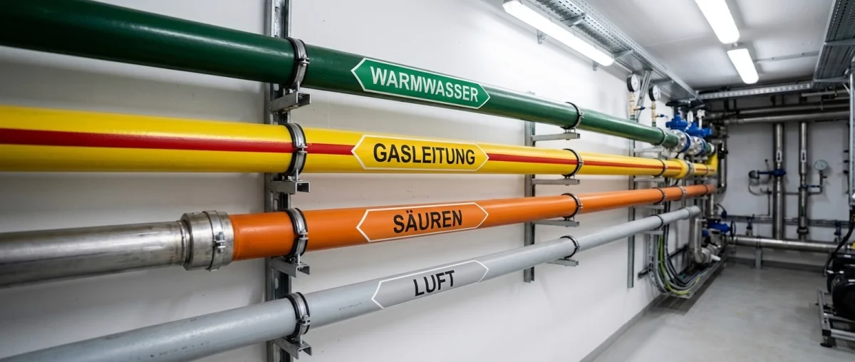 Farbige Rohrleitungskennzeichnungen nach DIN 2403 auf Industrierohren mit Fließrichtungspfeilen und GHS-Gefahrstoffsymbolen