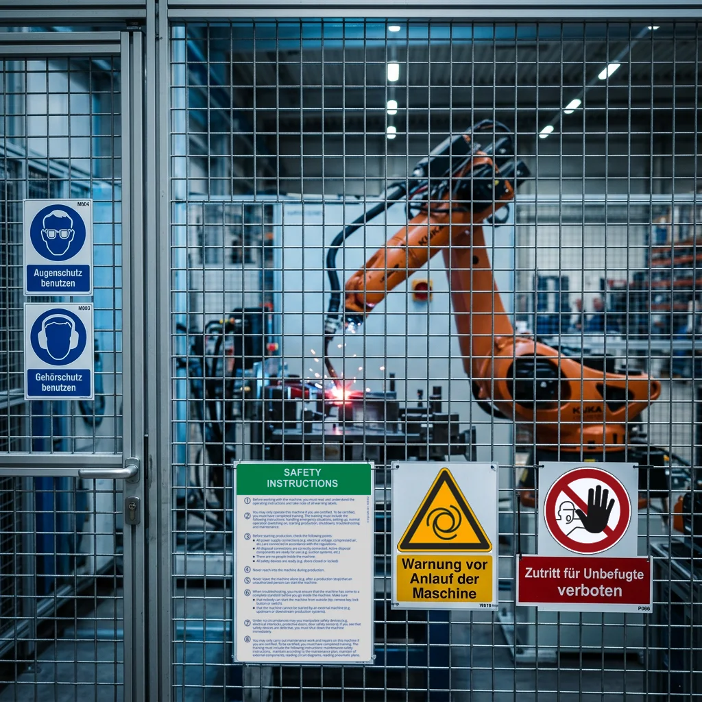 Betriebsanweisungstafel und Warnzeichen am Schutzzaun einer Industrieroboterzelle mit Schweißroboter