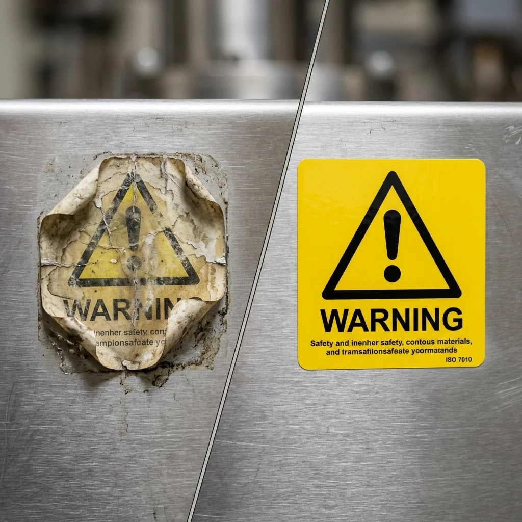 Vergleich zweier Sicherheitsaufkleber auf einer Metalloberfläche: links ein verblasster Papieraufkleber, rechts ein gestochen scharfer PVC-Aufkleber von ergo-safe