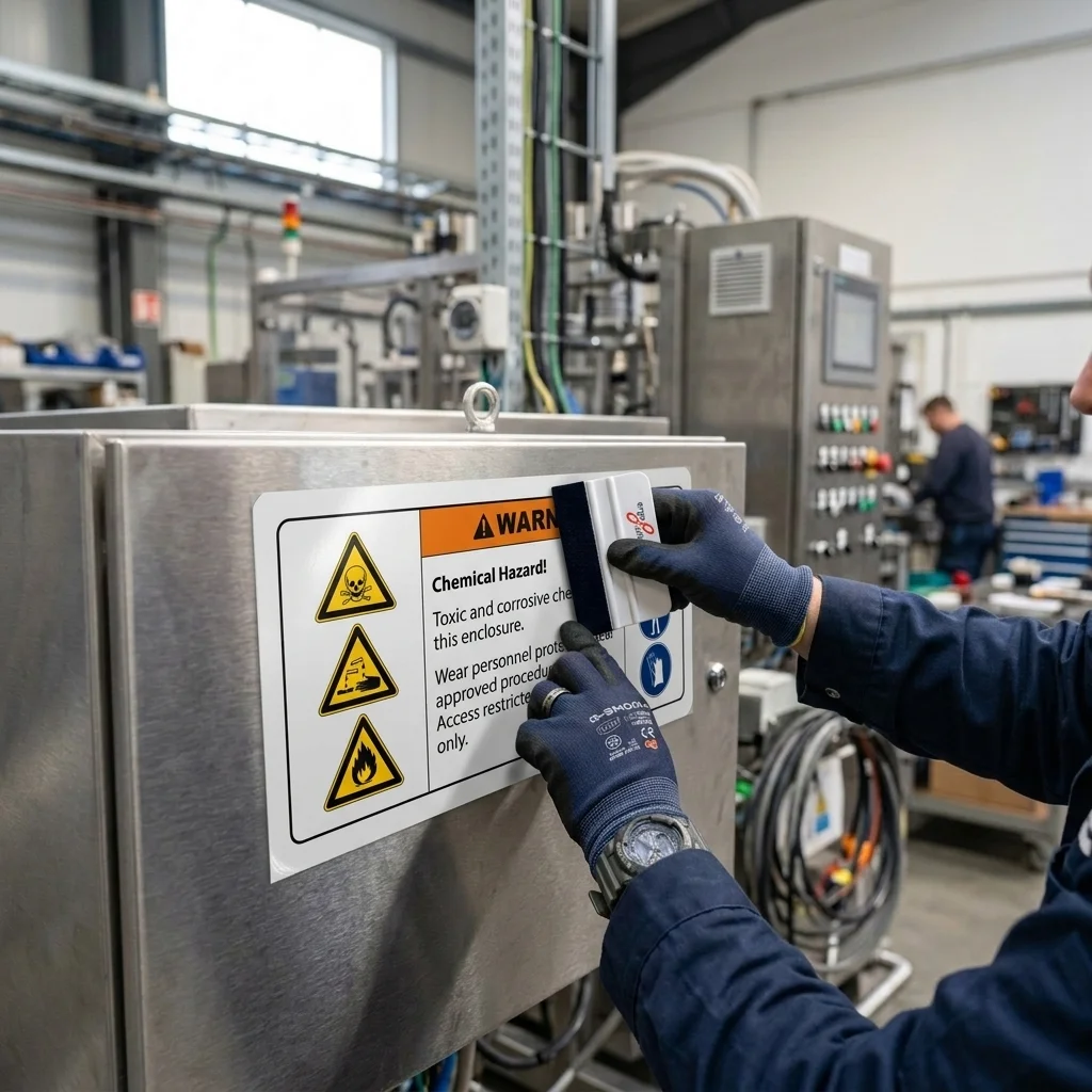 Monteur bringt einen gelben Warnaufkleber nach ISO 7010 mit einem Rakel blasenfrei auf ein Maschinengehäuse aus Edelstahl auf