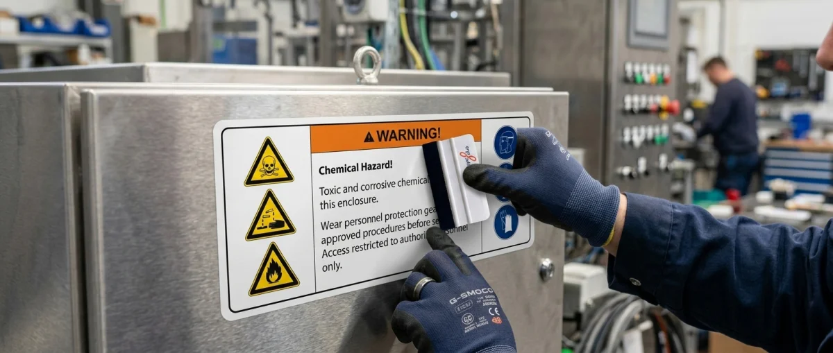 Fachgerechte Anbringung von Warnaufklebern auf einer Maschine