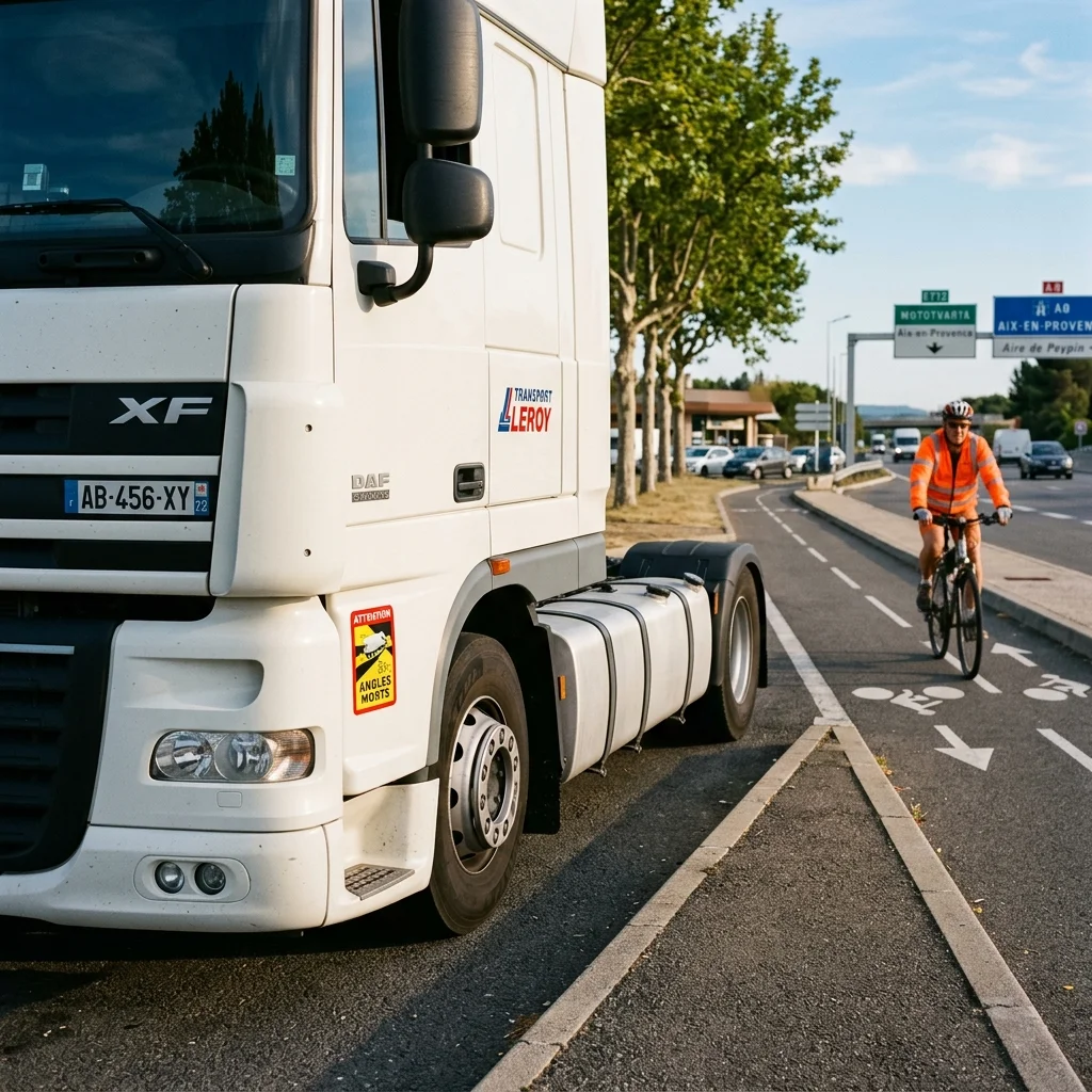 Angles Morts Totwinkel-Aufkleber an der Seite eines weißen LKW auf einer französischen Autobahn