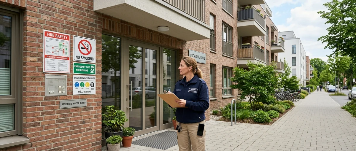 Eingangsbereich eines Mietshauses mit verschiedenen Hinweis- und Sicherheitsaufklebern