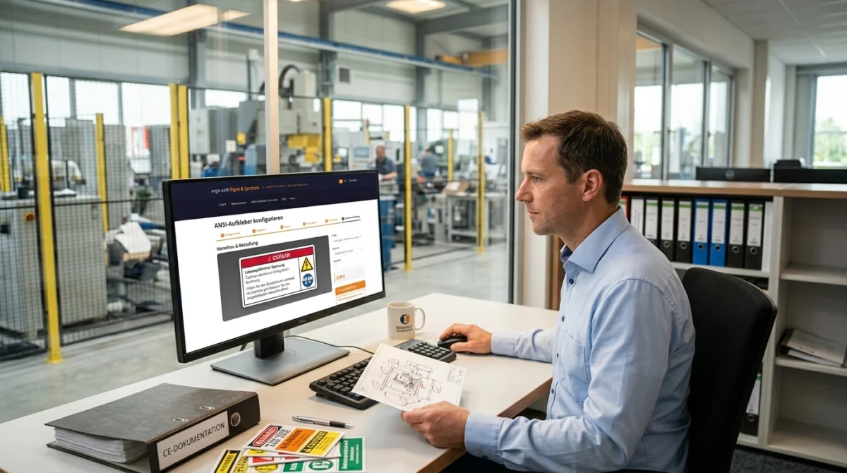 Screenshot des ergo-safe ANSI-Generators mit Live-Vorschau eines GEFAHR-Aufklebers für lebensgefährliche Spannung