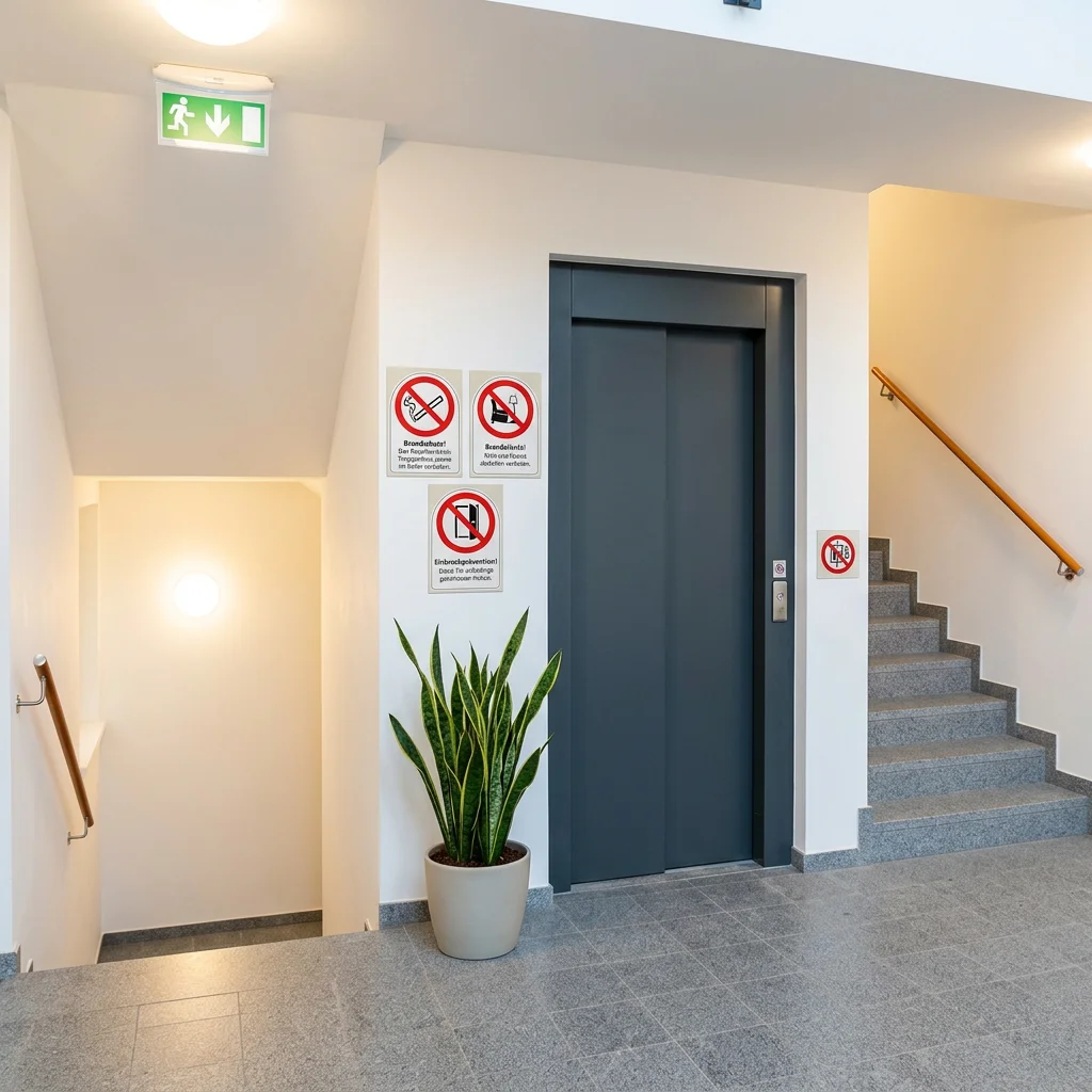 Gepflegtes Treppenhaus eines Mehrfamilienhauses mit Fluchtweg-Schild, Rauchverbotsaufkleber und Aushang der Hausordnung