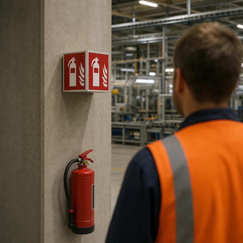 Rotes Brandschutzzeichen nach DIN EN ISO 7010 neben einem Feuerlöscher an einer Hallenwand in einer Industrieumgebung