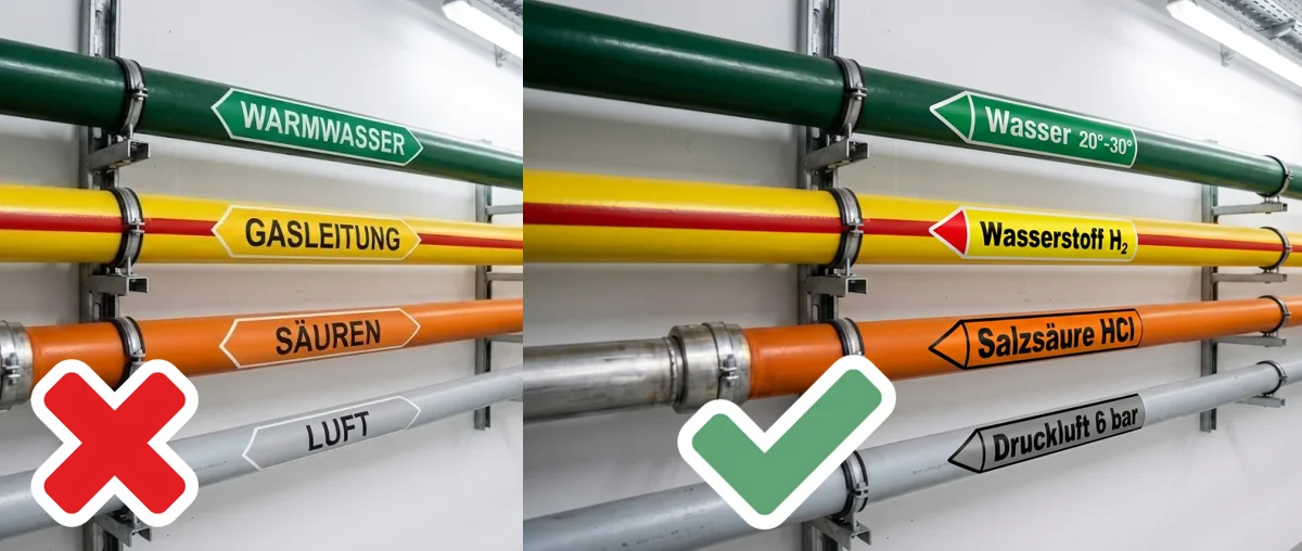 Farbige Rohrleitungskennzeichnungen nach DIN 2403 auf Industrierohren mit Fließrichtungspfeilen und GHS-Gefahrstoffsymbolen