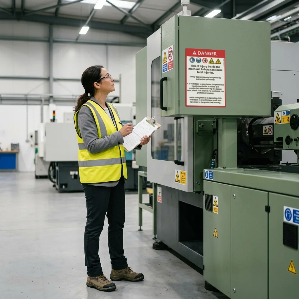 Sicherheitsbeauftragter prüft Sicherheitskennzeichen nach DIN EN ISO 7010 an einer Hallenwand in einem Industriebetrieb