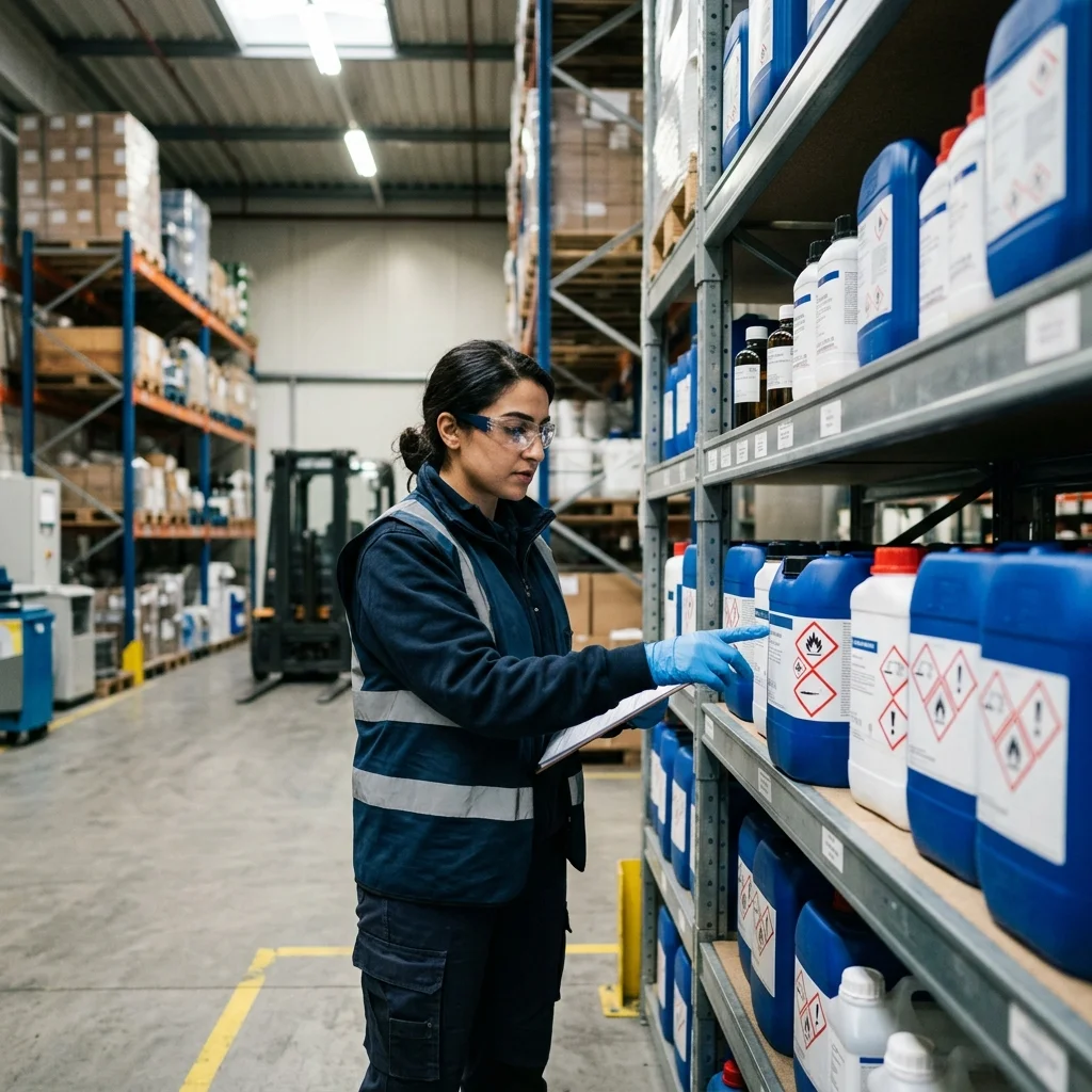 Beschäftigter prüft GHS-gekennzeichnete Gefahrstoffbehälter in einem Industrielager