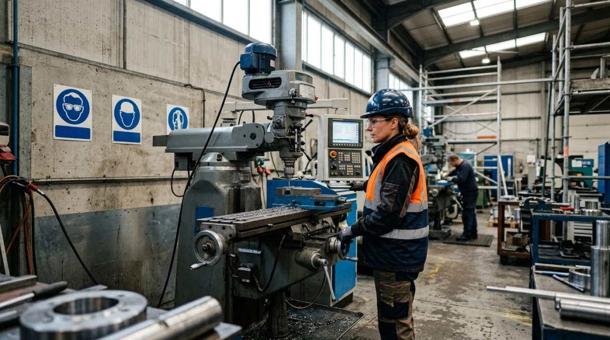 Beschäftigter mit Schutzhelm und Schutzbrille vor Maschine mit Gebotszeichen in einer Industriehalle