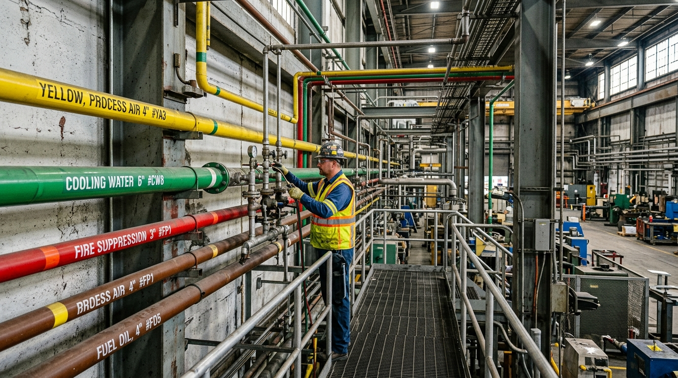 Farblich gekennzeichnete Rohrleitungen nach DIN 2403 in einer Industriehalle mit einem Instandhalter bei der Inspektion