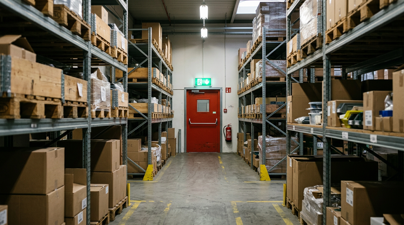 Grünes Rettungszeichen mit laufender Person über einem Notausgang in einer Werkhalle