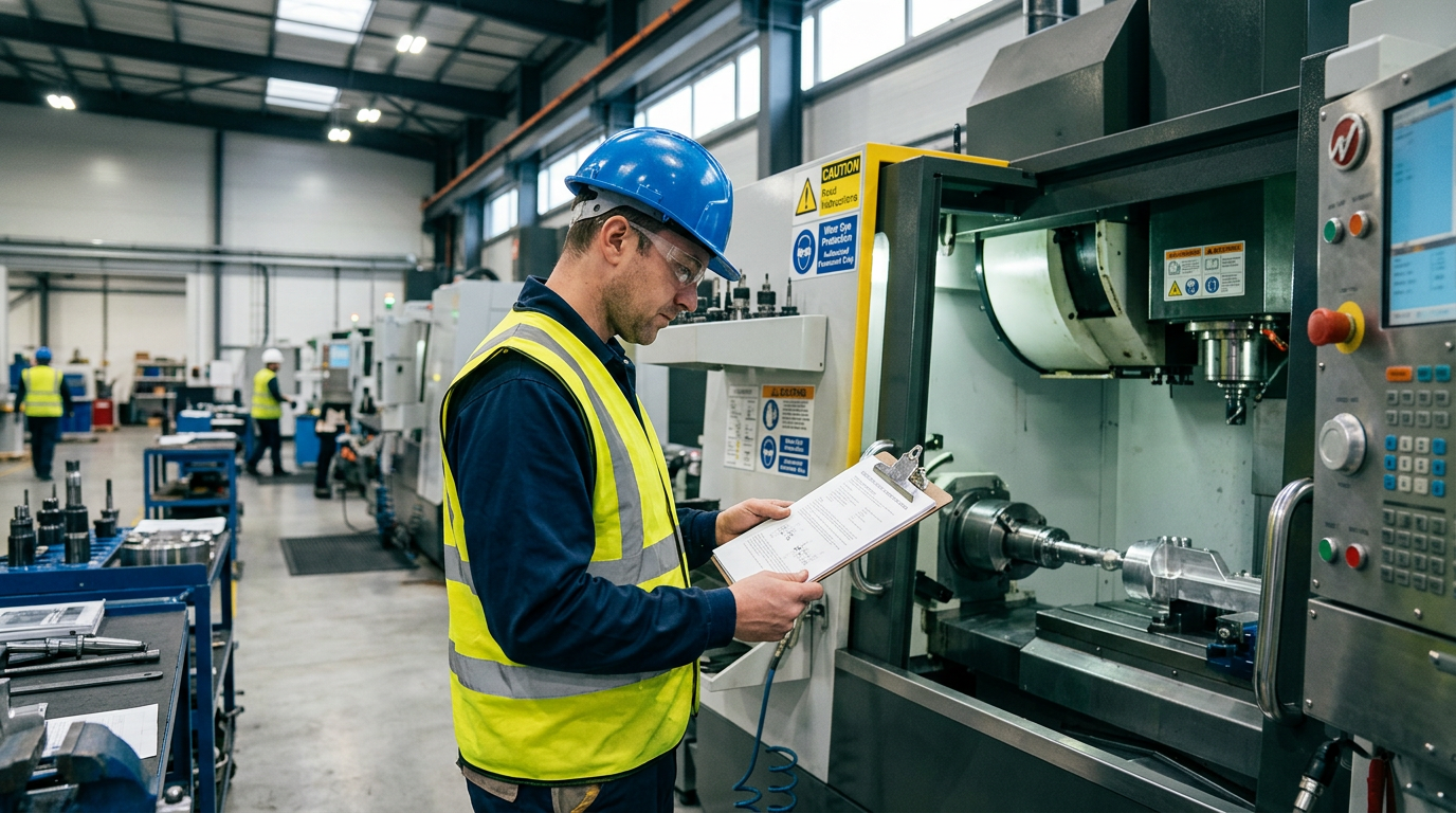 Beschäftigter liest Betriebsanweisung an einer CNC-Maschine in einer Werkhalle