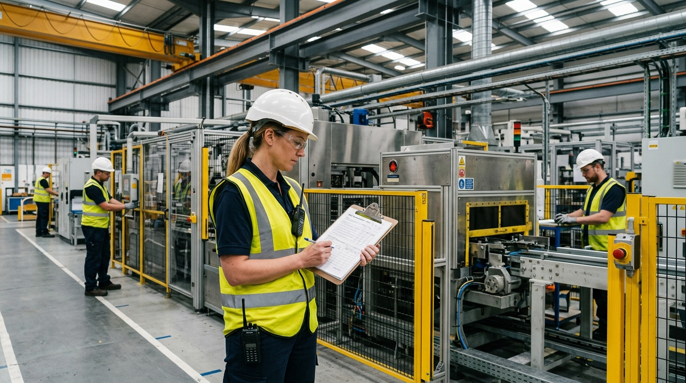 Sicherheitsbeauftragter mit Klemmbrett führt Gefährdungsbeurteilung in einer Industriehalle durch