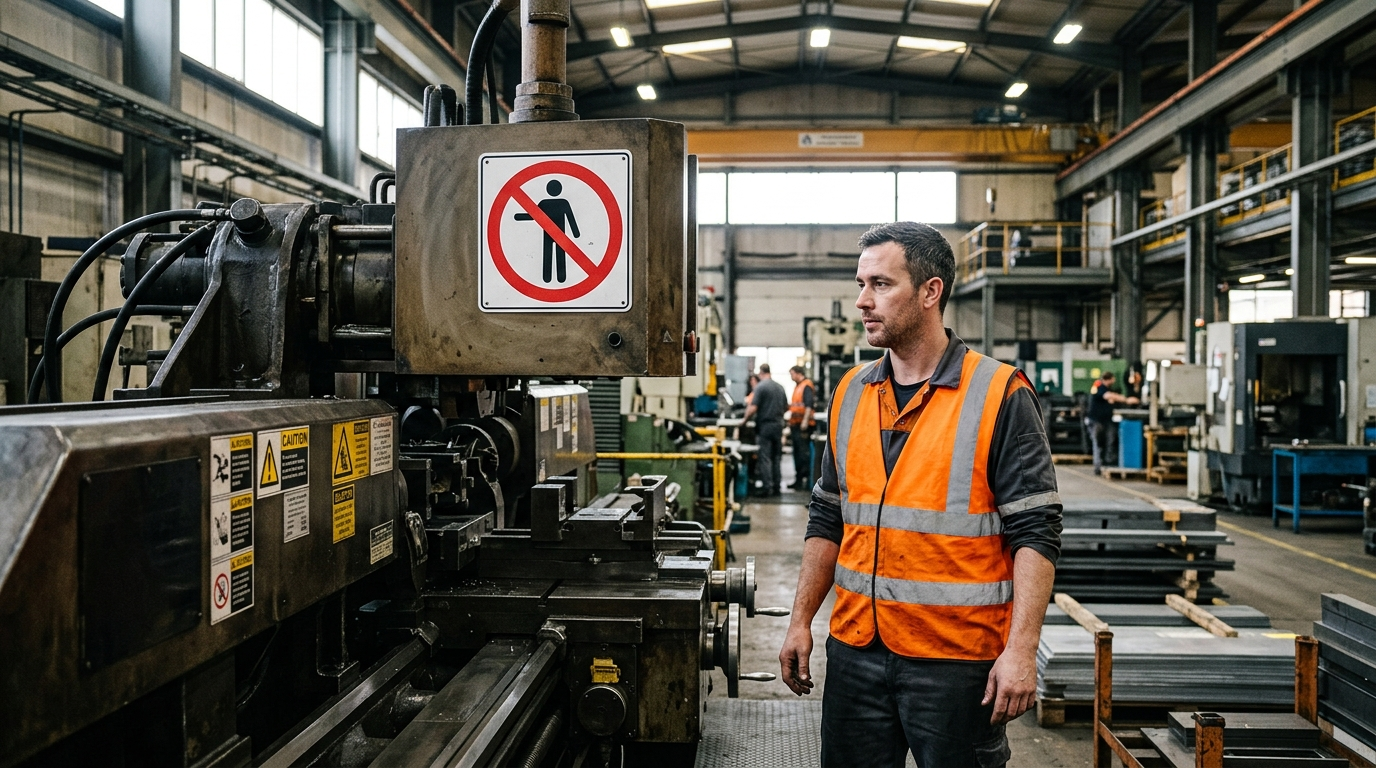 Arbeiter in Warnweste neben normgerechtem Verbotszeichen an einer Industriemaschine in einer Produktionshalle